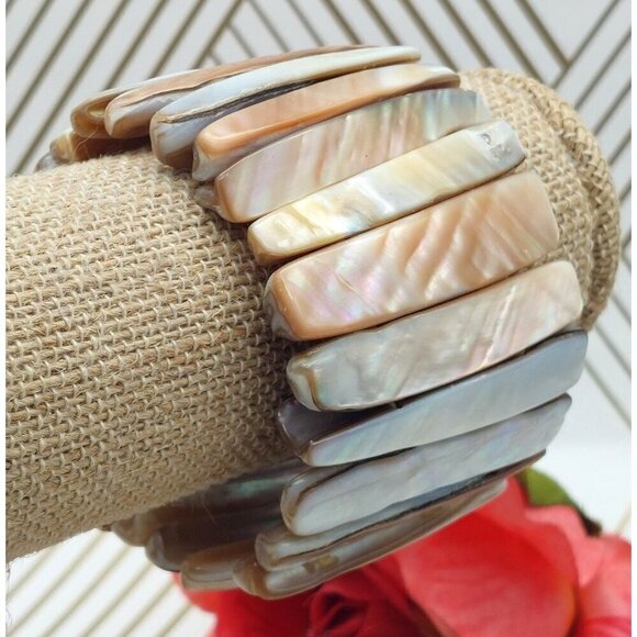 Bohemian White & Brown Neutral Abalone Shell Wide Stretch Bracelet Beach Nature - Picture 4 of 7